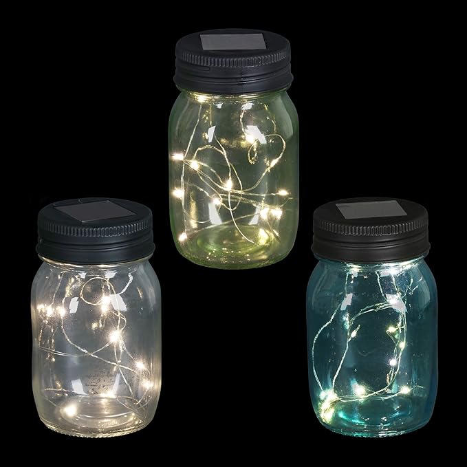 Exhart Solar Mason Jars, Set of 3 Glass Outdoor Garden Lanterns with Lids, 12 LED Firefly Lights, Lawn and Yard Decorations, 3.5 x 5.5 Inch