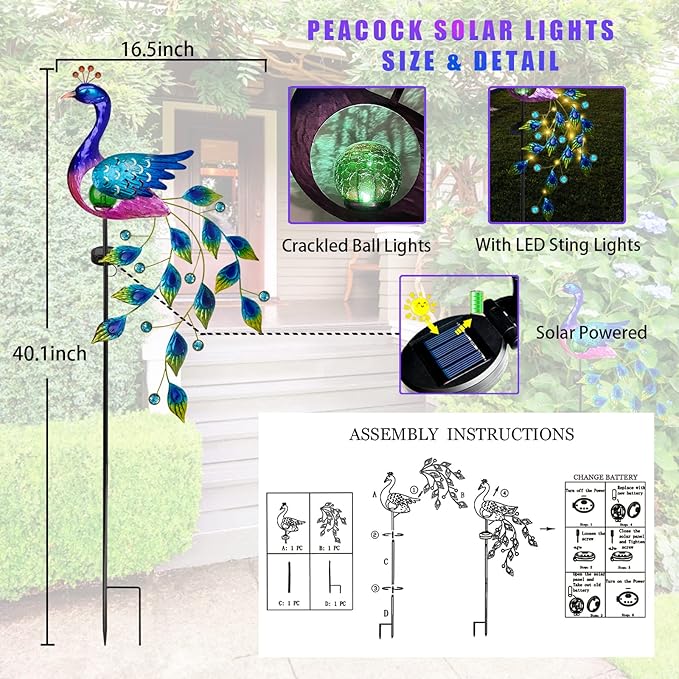 DREAMSOUL Peacock Solar Garden Lights Outdoor Decorative Stake, Waterproof Metal Peacock Garden Decor Solar Powered Landscape LED Path Lights Walkway Patio Decoration Lawn Ornament Christmas Gifts