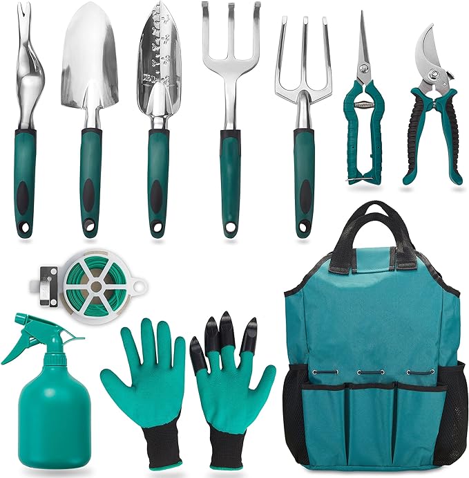 FiveJoy Garden Tool Set, 11 PCS Aluminum Gardening Hand Tools with Tote Bag, Ergonomic Handle, Gift for Women, Men, Mom, Dad, Garden Starter Kit