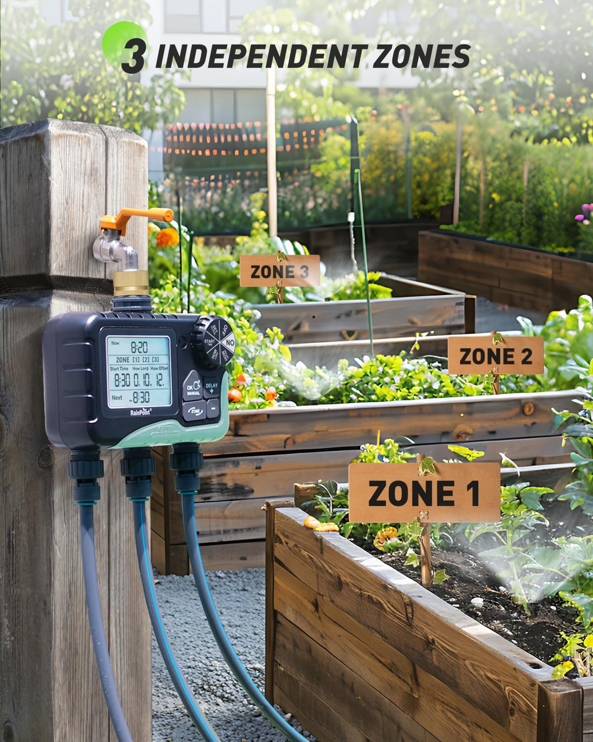 RAINPOINT 3 Zone Sprinkler Timer with Brass Inlet, Water Timer for Garden Hose,Rain Delay/Manual/Automatic Watering System, Hose,Hose Timers for Watering with IP65 Waterproof, Large LCD for Yard