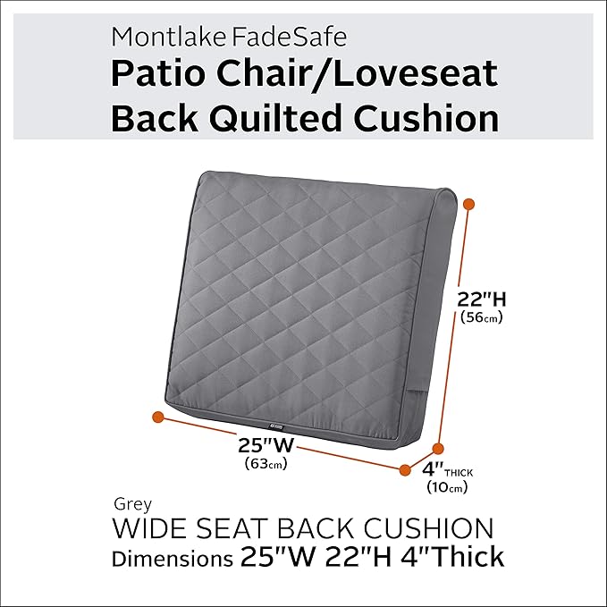 Classic Accessories Montlake FadeSafe Water-Resistant 25 x 22 x 4 Inch Wide Back Patio Quilted Lounge Cushion, Grey