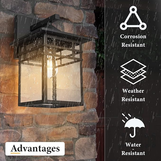 Outdoor Light Fixture Wall Mount, Black Exterior Light Fixture Wall Sconces with Seeded Glass for Front Porch, 9 Inch Large Waterproof Outdoor Square Wall Lantern Outside for House Doorway