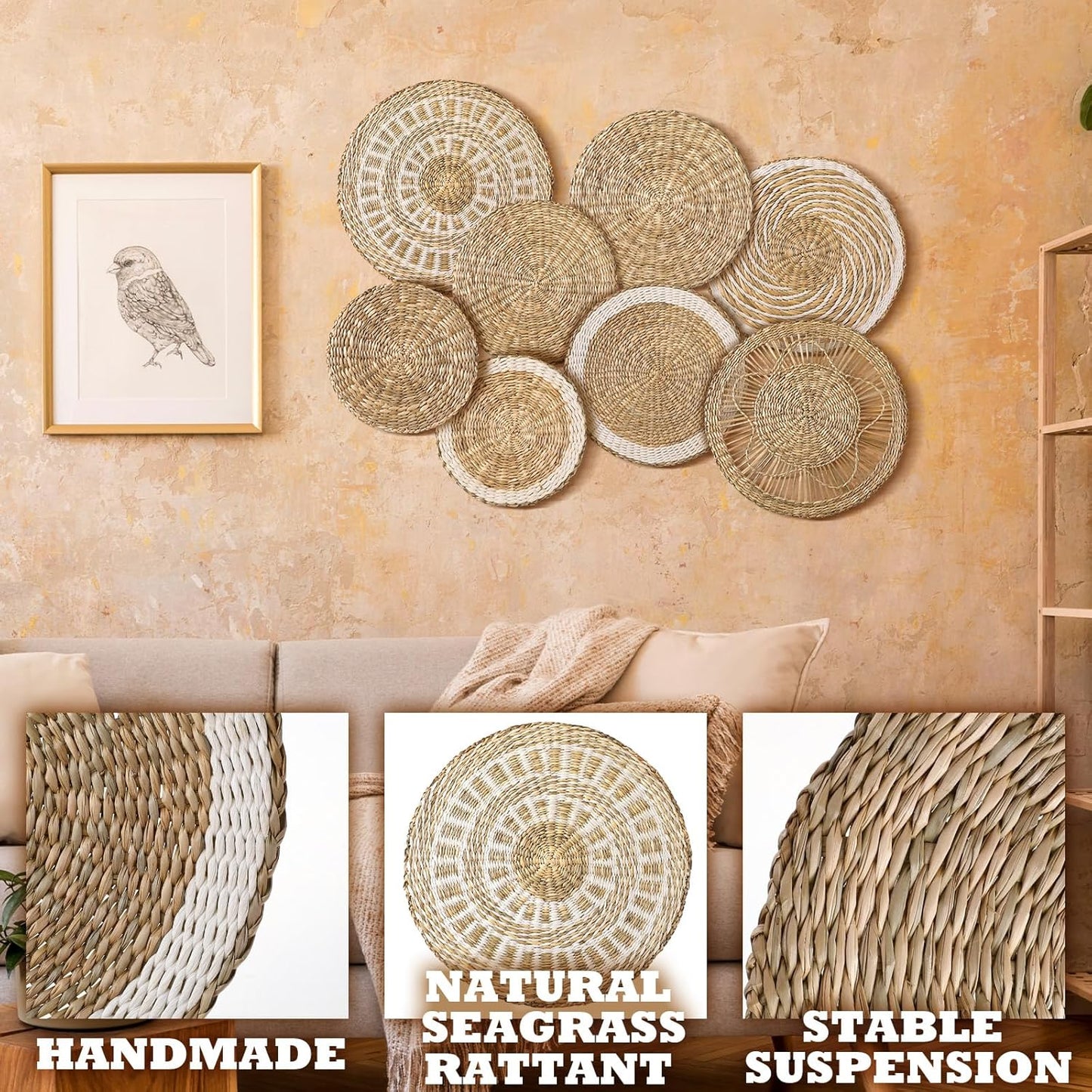 Xuhal Set of 8 Hanging Woven Wall Basket Handmade Decorative Rustic Boho Basket Decor Handcrafted Wicker Round Seagrass Wall Art for Home Kitchen Farmhouse Table Living Room