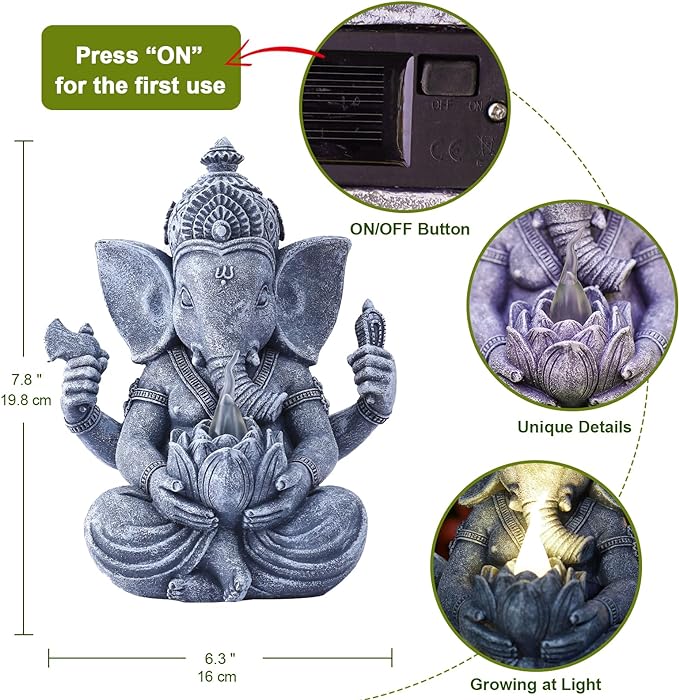 Solar Ganesha Elephant Garden Statues: Outdoor Sculptures with Lotus Lights Decor for Patio Lawn Yard Art - Gifts for Mom Grandma