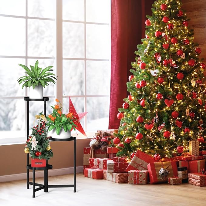 MOKANI Metal Plant Stand Indoor Outdoor for Multiple Plants, 3 Tiered Folding Corner Shelf Tall Flower Pot Holder Display Rack for Patio Living Room Balcony Garden, Black