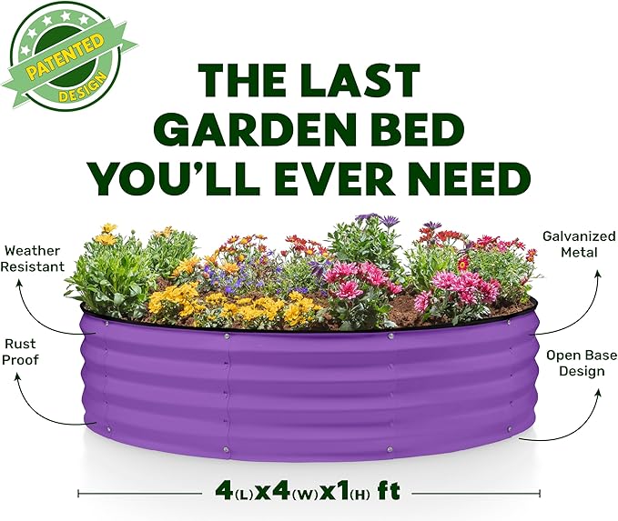 Round Galvanized Raised Garden Bed // 4×4×1 ft Galvanized Raised Garden Beds Outdoor for Gardening, Vegetables, Flowers // Patented Tool-Free Design Round Planter (Purple)