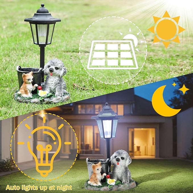Solar Garden Outdoor Decor Statues Cat and Dog Playing Insect with Light,Outside-Outdoor Decorations Sculptures for Patio Yard Lawn Walkway Ornaments Clearance Gifts for Mom Grandma Birthday