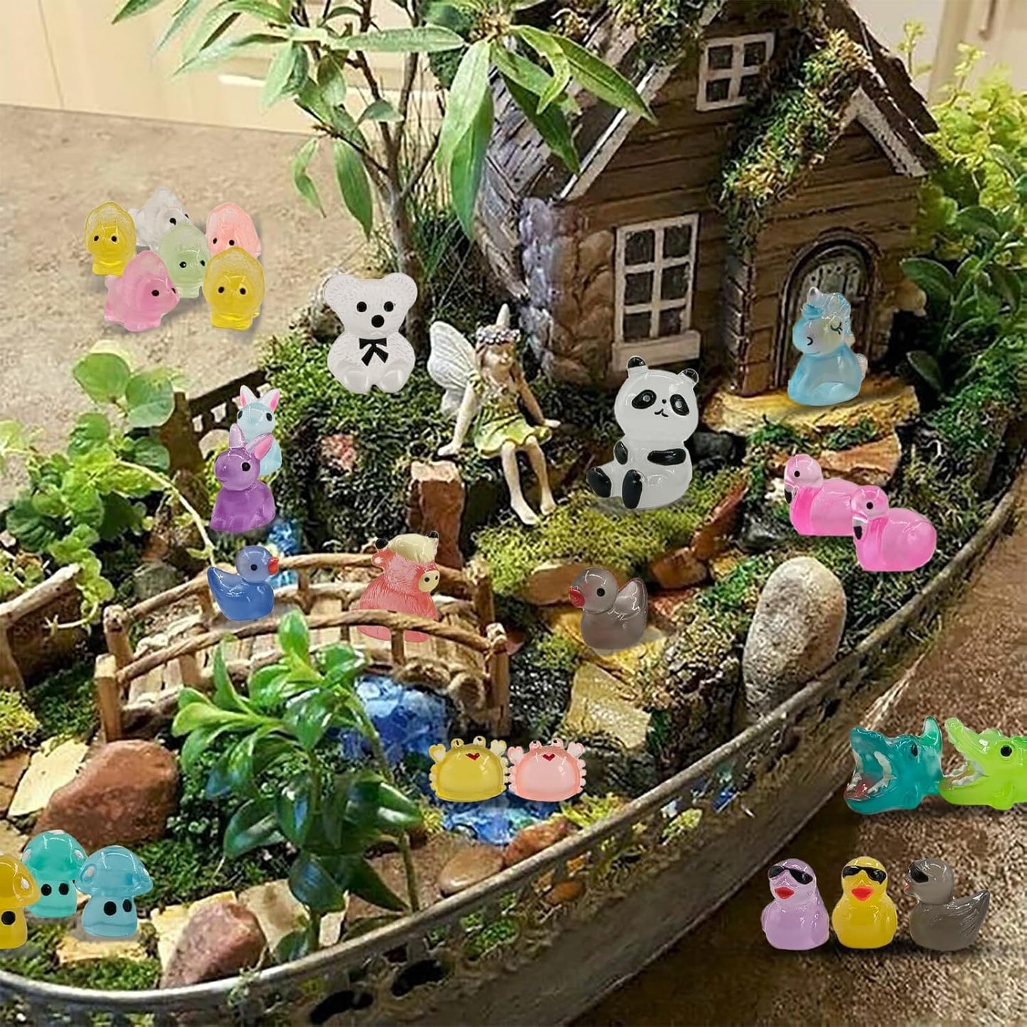 110 Pcs Luminous Mini Resin Animals Tiny Resin Figurines Glow in The Dark Tiny Ducks for Fairy Garden, Miniature Accessories, Crafts, and Decor