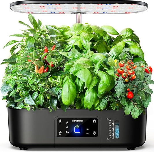 Ahopegarden Hydroponics Growing System Kit Indoor Herb Garden with Grow Light 12 Pods, with LCD Touch Panel Hydroponic Planter, Planting Height Up to 17", Grower Harvest Fresh Veggie Lettuce, Black