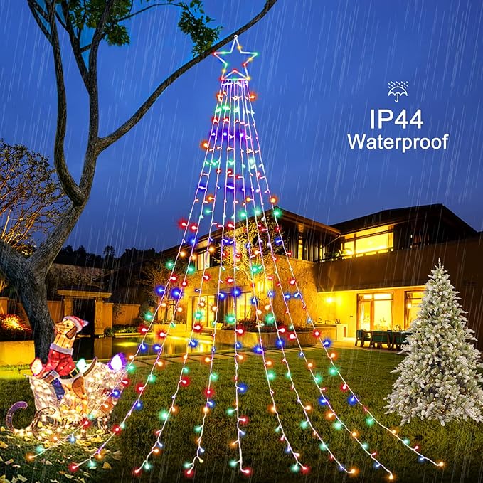Christmas Decorations Star String Lights, 320 LED Waterfall Tree Lights with 13" Topper Star 8 Lighting Modes Indoor Outdoor Decorative for New Year, Holiday, Wedding, Party (Multicolor)