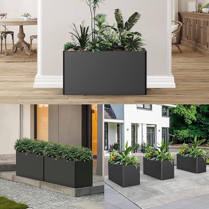 Outdoor Metal Planter Box - Rectangular Trough, All-Weather Durable with 4 Drainage Holes, 25x11x13 Inches for Porch & Patio, Black
