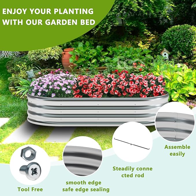 zizin Galvanized Raised Garden Bed Metal Oval Raised Garden Beds Outdoor Planter Box for Vegetables (12x2x1FT, Silver)