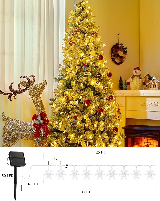 Brightown Solar Christmas Snowflake String Lights 50 LED 31 FT Outdoor Waterproof Snowflake Fairy Lights with 8 Lighting Modes for Christmas Party, Tree, Room, Garden, Patio, Yard, Home, Warm White