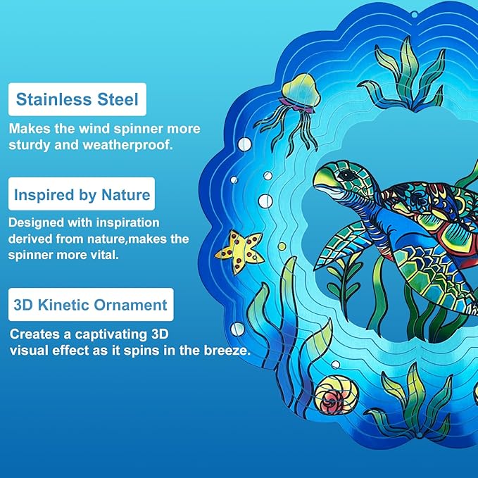 Sea Turtle Wind Spinners 3D Hanging Wind Spinner Sea Turtle Ornament Gifts for Women Mom Grandma,12inch Metal Wind Kinetic Sculpture for Outdoor&Indoor Decor, Yard Art, Garden Decoration