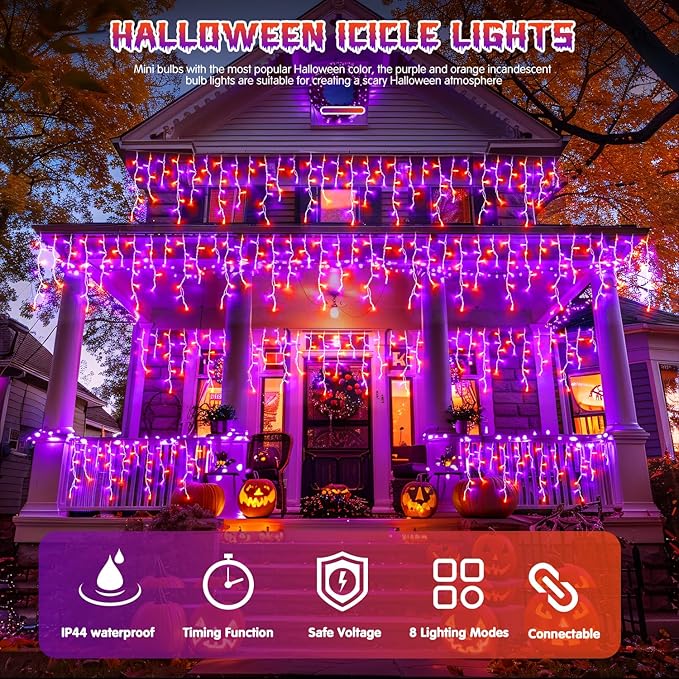 JMEXSUSS 400 LED Halloween Decor Orange and Purple Lights Outdoor, 8 Modes Orange Icicle Lights Indoor Outdoor Waterproof with Remote,Orange Halloween String Lights Plug in for Halloween Party Holiday
