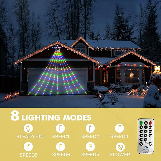 BlcTec Christmas Decorations, 352 LED Christmas String Lights with 9 Strands 11.7ft Waterfall Christmas Tree Lights, 8 Modes, Waterproof, Timer for Yard Patio Outdoor Xmas Décor, Flowing Multicolor