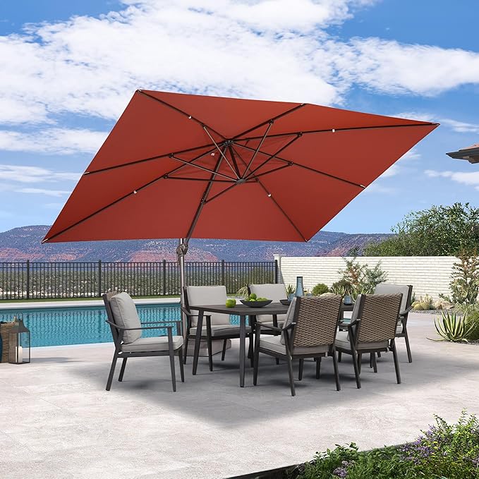 PURPLE LEAF 10' X 13' Patio Cantilever Umbrella Rectangle Umbrella Outdoor with Aluminum Offset Hanging and 360° Rotation for Pool Garden Deck Patio, Brick Red
