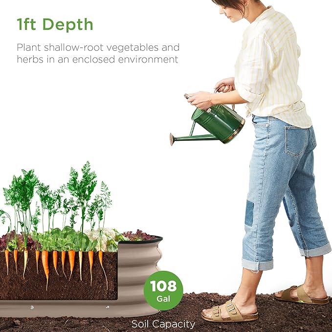 Best Choice Products 8x2x1ft Outdoor Metal Raised Garden Bed, Oval Deep Root Planter Box for Vegetables, Flowers, Herbs, and Succulents w/ 108 Gallon Capacity - Taupe
