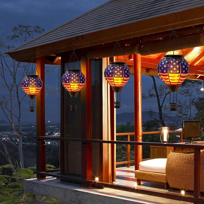 18inch Hot Air Balloon Solar Lantern with Flickering Flame Hanging Solar Outdoor Lantern Lights Waterproof Lanterns for Garden Patio Yard Party Decoration Star Flag