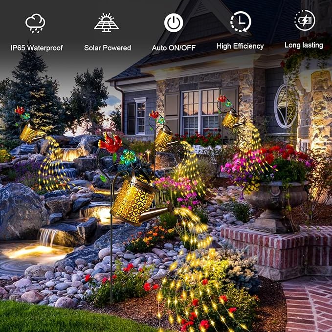 Solar Lights Outdoor, Watering Can with Cascading Lights, Watering Can with Hook Solar Lantern, Gardening Decor for Yard Patio, Gardening Gifts for Mom Grandma Women (2 Pack)