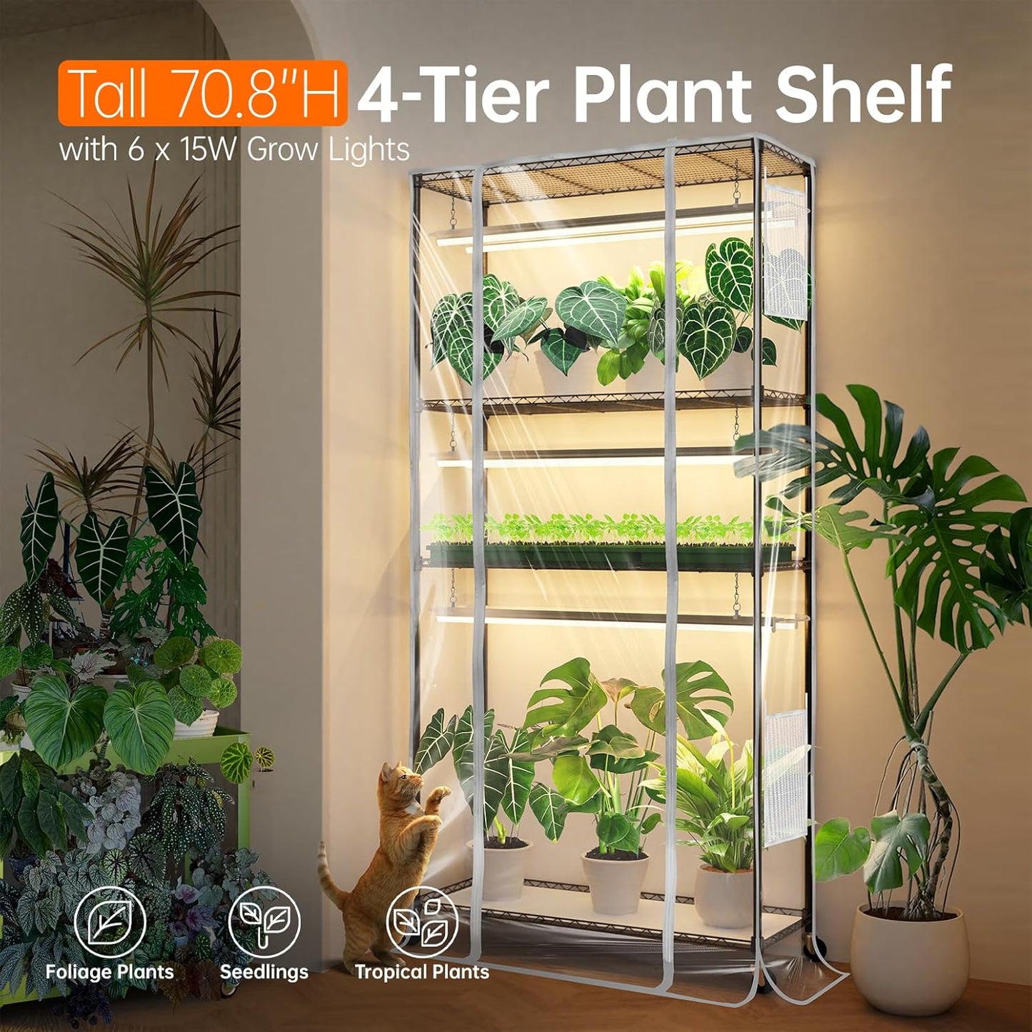 Indoor Greenhouse with Grow Light, Tall Green house with 6 Pack T5 Full Spectrum Plant Lights with Timer, Plant Shelf with Tent for Indoor Plant, Seed Starting, Seed Tray, 35.4"x13.8"x70.8"