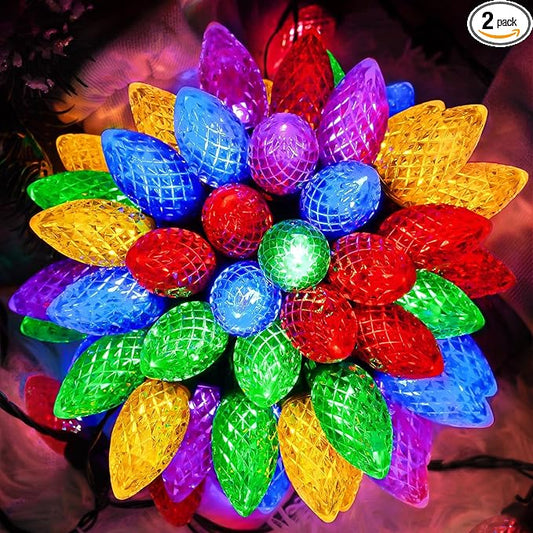 YIQU Extendable 2-Pack 66FT 100 Count C9 Christmas Lights Outdoor/Indoor, Waterproof Green Wire Plug in String Lights for Xmas Tree Garden Patio Wedding Party Decoration (Multicolor)