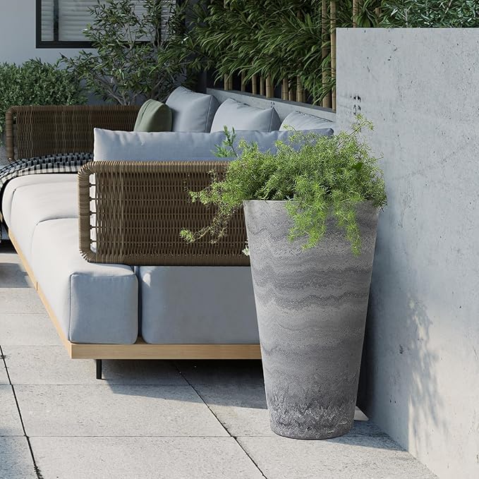 Worth Garden 2-Pack Grey Matte Texture Round Tapered Planter - 24.5" H. Tall Plastic Plant Pots with Drain Hole for Indoor Outdoor - Modern Decorative Flower Pots for Front Porch, Patio, Deck