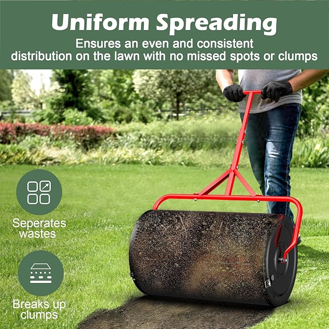 Compost Peat Moss Spreader for Lawn, 24 Inch Compost Roller Spreader with Adjustable T-Shaped Handle, Upgraded Side Clasps, Durable Lightweight Metal Roller, Lawn Garden Yard Care (Black)