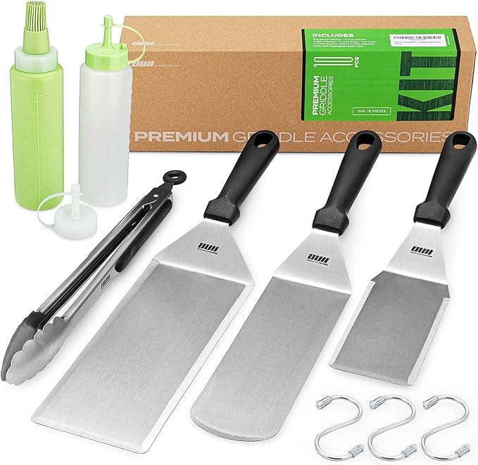 Griddle Accessories Kit for Blackstone and Camp Chef - 6 Pieces Griddle Spatula Set with 4x8 Inches Supersize Griddle Flipper, Turner, Metal Spatulas, Bottles & Hooks for Hibachi Grilling