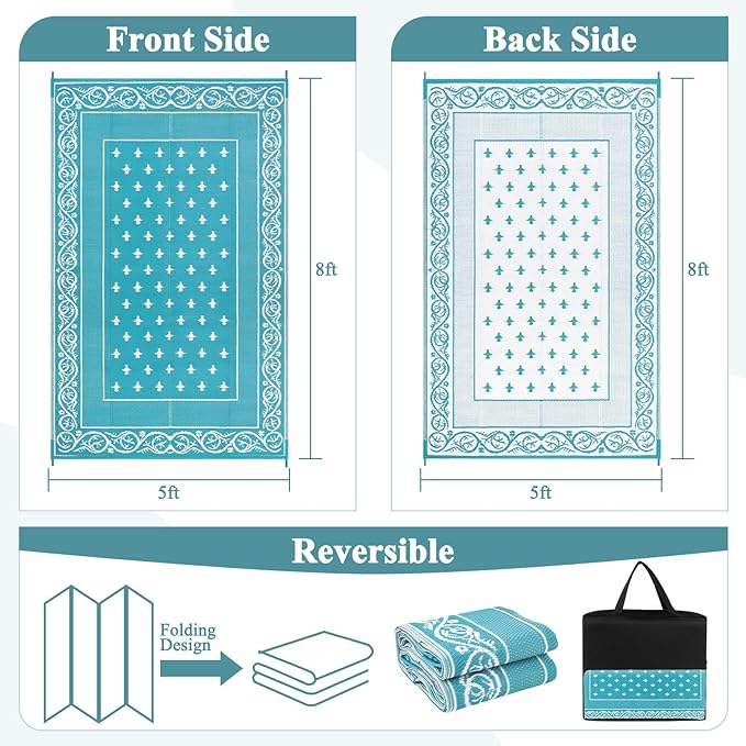 Pauwer Waterproof Outdoor Rug 9x12, Reversible Plastic Straw Patio Camping Rug, Indoor Outdoor RV Mat Carpet for Deck, Camper, Porch, Balcony, Backyard, Picnic, Bordered Teal