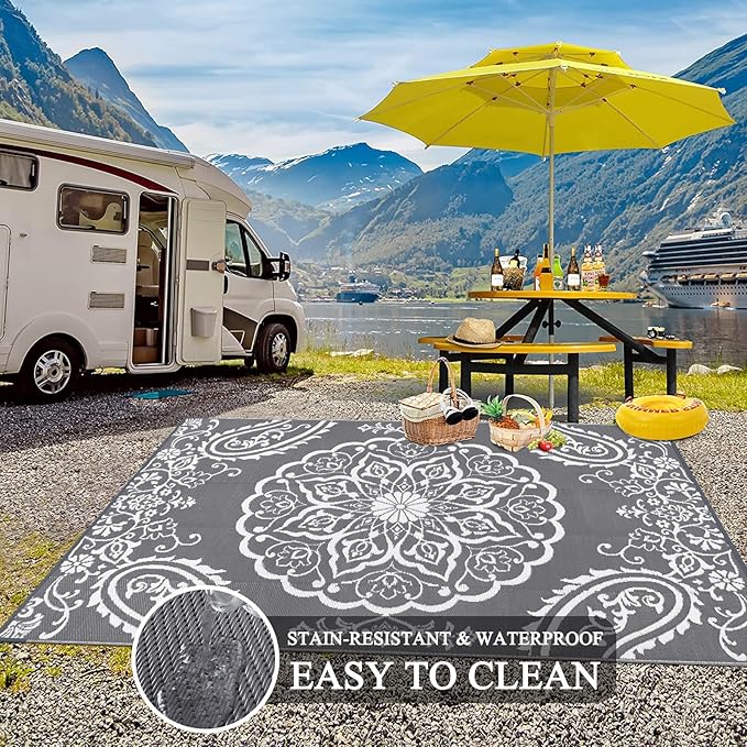 Pauwer Waterproof Outdoor Rug 6x9, Reversible Plastic Straw Patio Camping Rug, Indoor Outdoor RV Mat Carpet for Deck, Camper, Porch, Balcony, Backyard, Picnic, Boho Grey