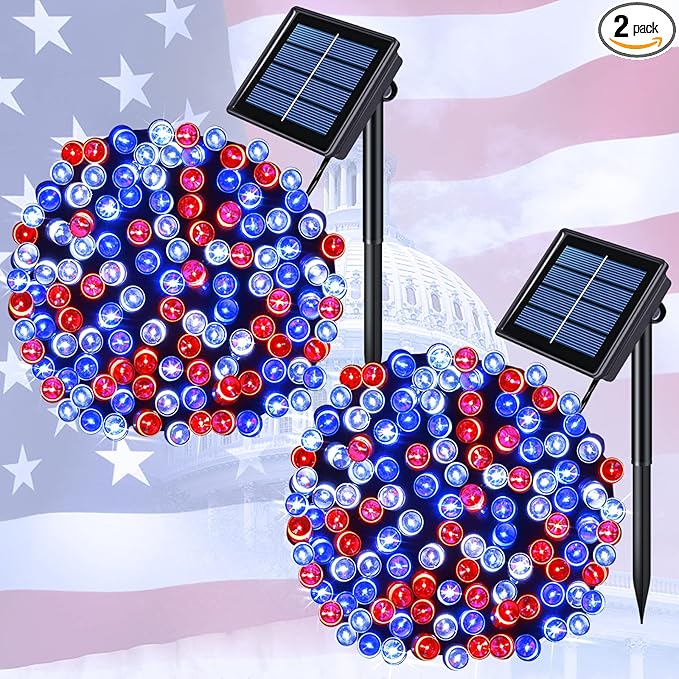 JMEXSUSS 2 Pack Red White and Blue Solar Lights 100LED 33ft Patriot Solar String Lights Waterproof, 8 Modes 4th of July Lights for Independence Day, Gardens, Tree, Outdoor 4th of July Decorations