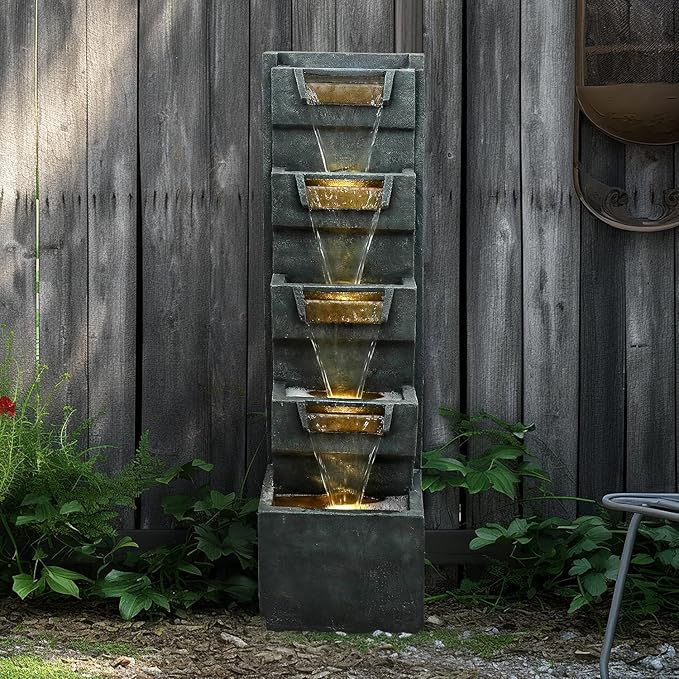 SunJet 4-Tiers Modern Cascading Indoor/Outdoor Fountains and Waterfalls with LED Lights - 39.3" High Large Water Fountain for Garden, Patio, Yard, and Deck Decor - Relaxing Water Fountain Outdoor