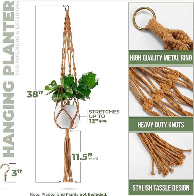 Sorbus Macrame Plant Hanger (6 Pack) Indoor Outdoor Hanging Plant Pots Cotton Rope, Elegant for Home, Patio, Garden (Brown)