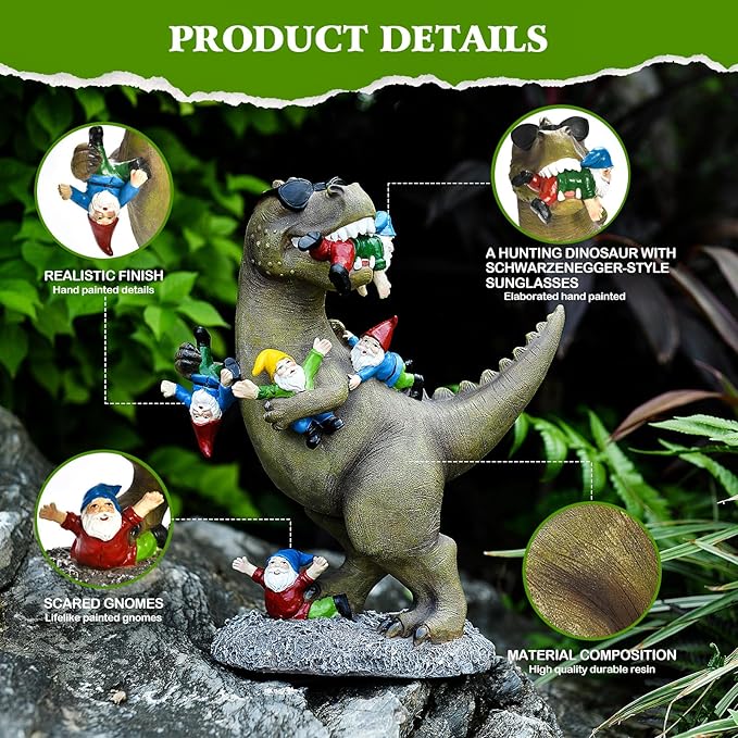 Garden Gnome Statues Garden Decor - Large Dinosaur Eating Gnomes Outdoor Decor for Patio,Lawn,Yard Decor - Uique Housewarming Gift