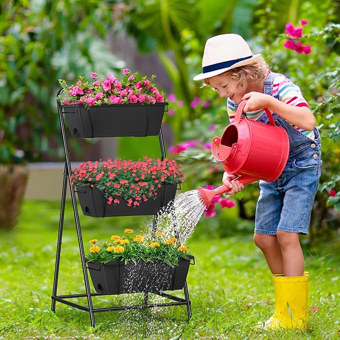 Raised Garden Bed 3 Tier Vertical Garden Planter Elevated Planter Boxes Outdoor Herb Planter with Drainage Holes Removable Tray for Patio Balcony Porch Black