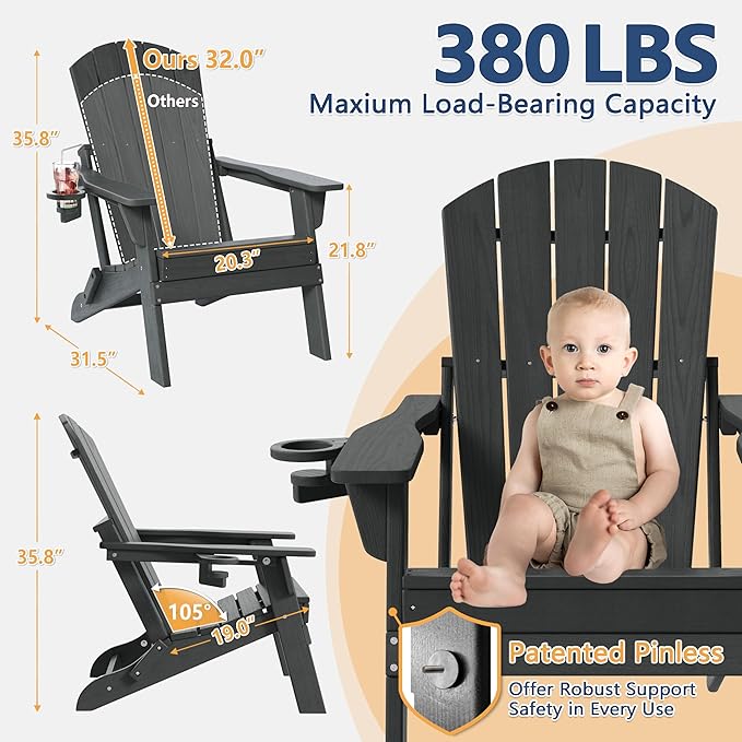 Folding Adirondack Chair Set of 4 with Cup Holder, HDPE All Weather Resistant Plastic Outdoor Patio Chairs, Heavy Duty Fire Pit Seating for Backyard Lawn Garden, Wooden Textured Design(Gray)