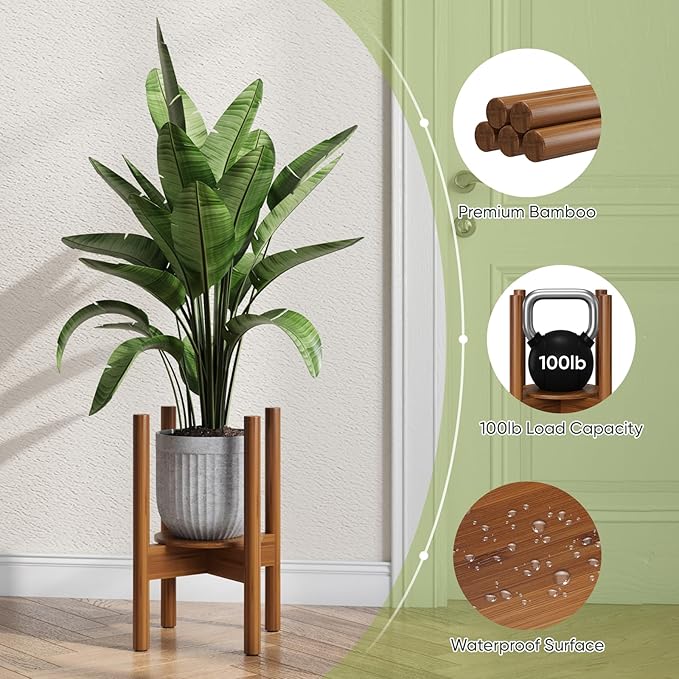 Adjustable Plant Stand, Bamboo Plant Stand Indoor with Tray, Wood Plant Stand for 8 to 12 inches Flower Pots, Single Mid Century Modern Plant Stand for Indoor Plants, Walnut