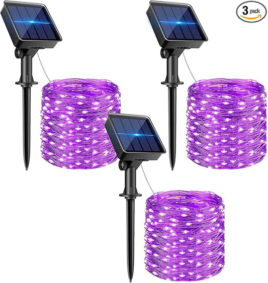 kolpop Purple Solar Fairy Lights Outdoor Waterproof, 3 Pack 32FT 80LED Solar Powered String Light, 8 Modes Copper Wire Solar Twinkle Lighting for Halloween Tree Garden Yard Outside