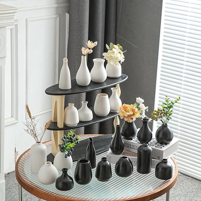 JOJUNO White Bud Vases, Small Ceramic Vase Set of 11, Mini Pottery Vases for Flowers, Decorative Pieces for Home Modern Decor, Boho Decor, Chic Accents for Living Room Dining Table Shelves