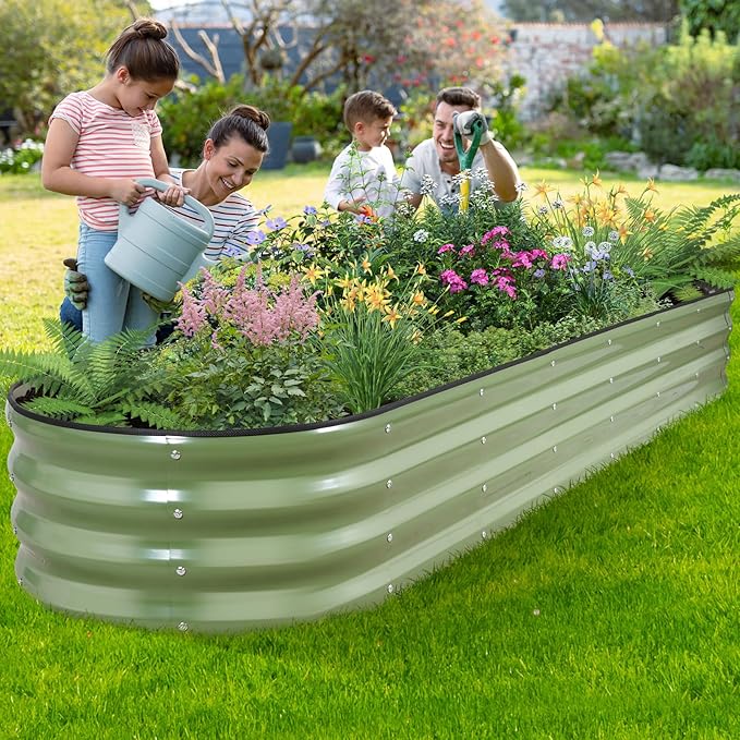 Galvanized Raised Garden Bed - 8×2×1ft Planter Raised Beds for Gardening | Oval Metal Garden Planter Box with Safety Edging and Bracing Rods for Vegetables Fruits and Flowers Oliver Green