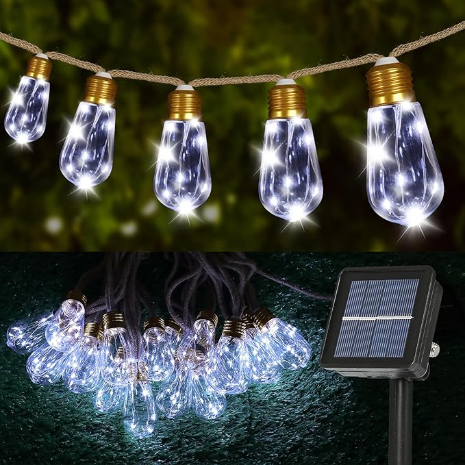 Solar Outdoor String Lights 24Ft Vintage Hemp Rope Solar Lights with 20 Shatterproof Bulbs,Solar Powered Patio String Lights with 8 Modes and Memory Function for Fence Garden Balcony Camping Bistro