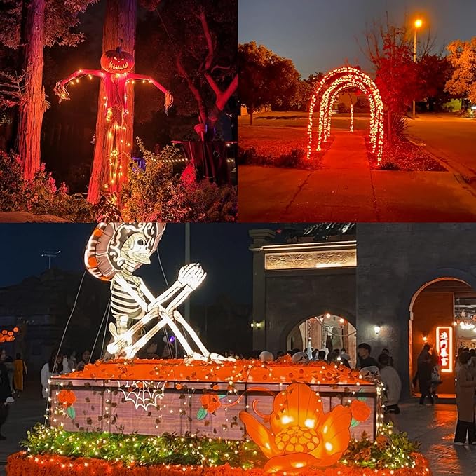 Weillsnow Orange Halloween Lights, 66FT Plug-in Waterproof String Lights, 8 Modes with Memory for Indoor/Outdoor Garden Decorations