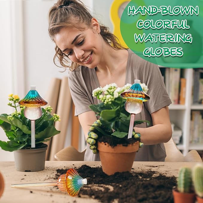 Plant Watering Globes Mushroom, Rainbow Gradient Color Glass Watering Bulbs, Self Watering Planter Insert, Self Watering Globes - Plant Watering Devices for Travel Vacation (4 PCS)