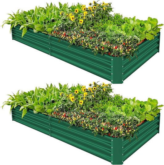 Land Guard 2 Pack 8×4×1ft Galvanized Metal Raised Garden Bed, Metal Planter Kit Box Outdoor for Deep-Rooted Vegetables, Flowers, Green and Herbs (Green)