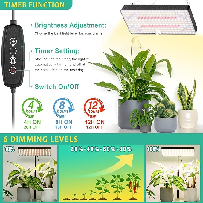 LBW Grow Lights for Indoor Plants Full Spectrum, 214 LEDs Plant Lights for Indoor Growing, Desk Plant Grow Lights Indoor with Timer 4/8/12H, 6 Dimmable Levels, Plant Lamp Height Adjustable 10"-26"