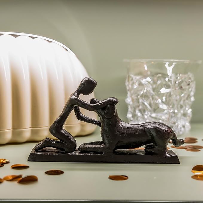 Boy and Dog Statue, Love of Dog Sculpture, Gifts for Dog Lovers, Dog Memorial Gifts for Man and Boy, Cast Iron, Black