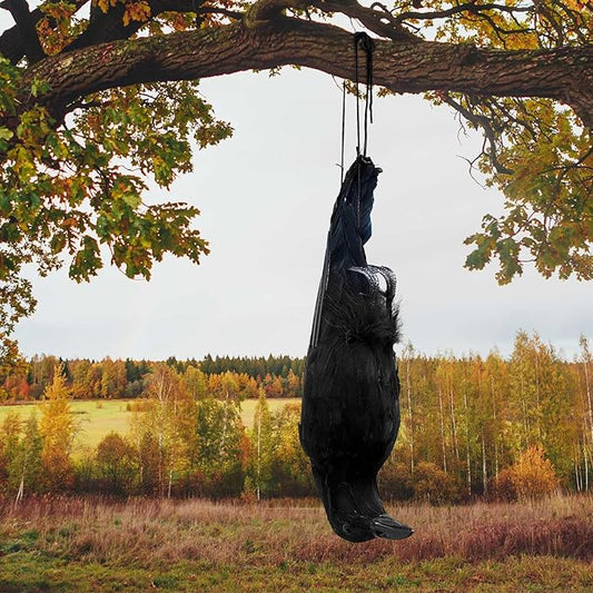 Lewtemi 1 Pcs 17 Inch Realistic Hanging Dead Crows Decoy Life Size Black Feathered Crow Fake Black Crows for Garden Decorations