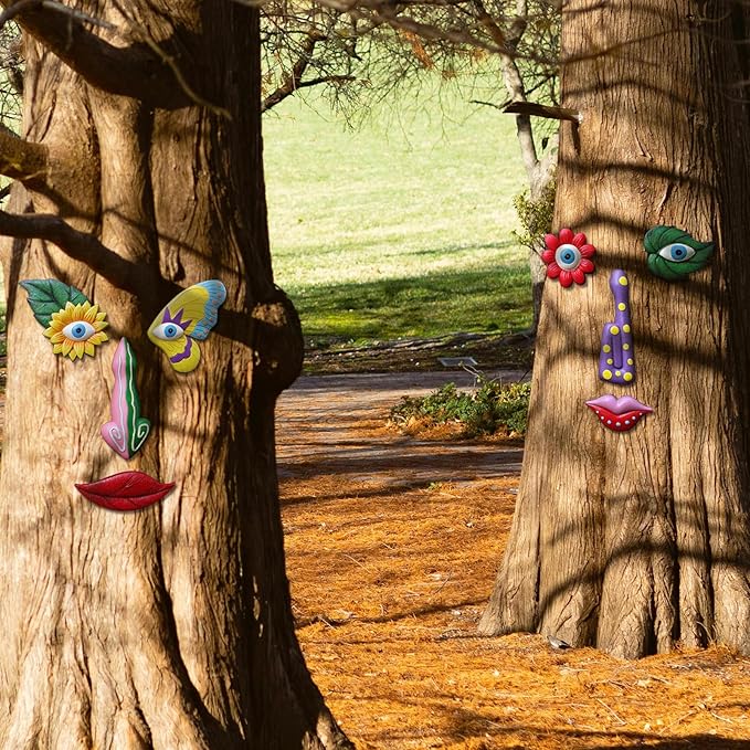 Tree Faces Decor Outdoor,Funny Tree Faces Sculpture,Colorful Fence Decorations Outdoor,Suitable for Yard and Garden Art Decor(Colorful Leaves&Colorful Butterfly)