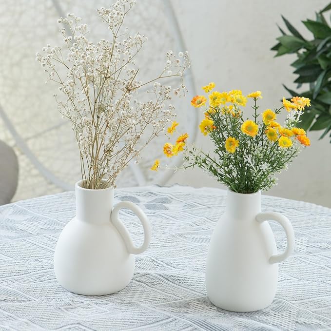 White Ceramic Vase Set - 2 Small Vases with Handle, Pottery Vases for Modern Home Decor, Minimalist Matte Pitcher for Fowers, Decorative Clay Vase Centerpiece Dining Table Decorations